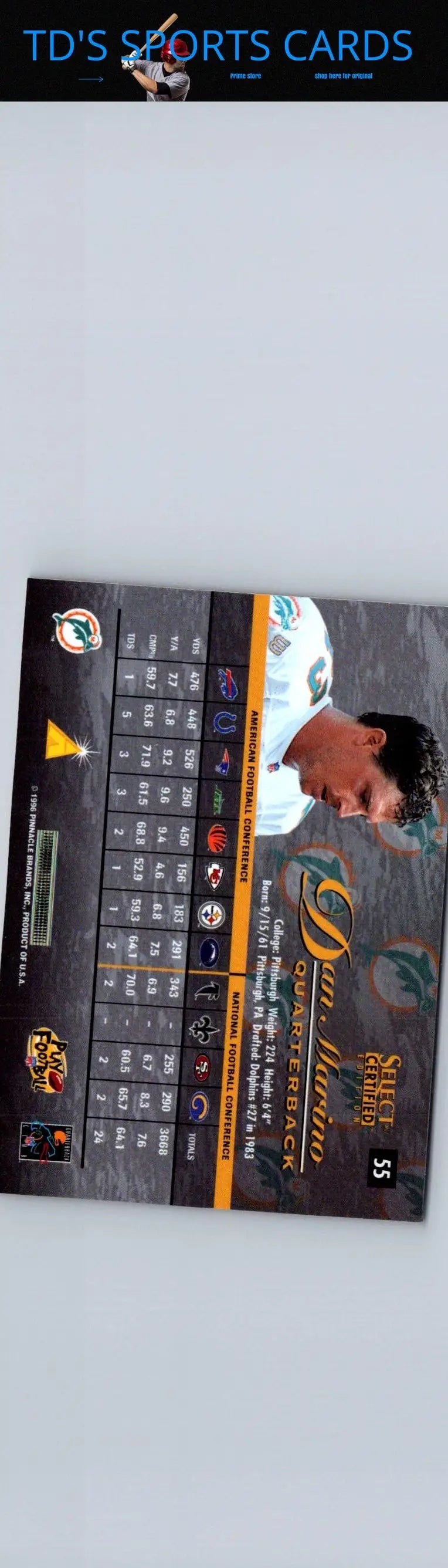 Back of a 1996 Select Certified Dan Marino football trading card featuring player details