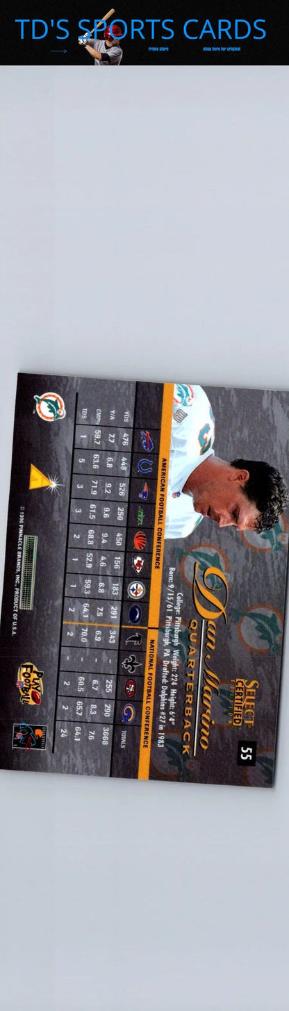 Back of a 1996 Select Certified Dan Marino football trading card featuring player details