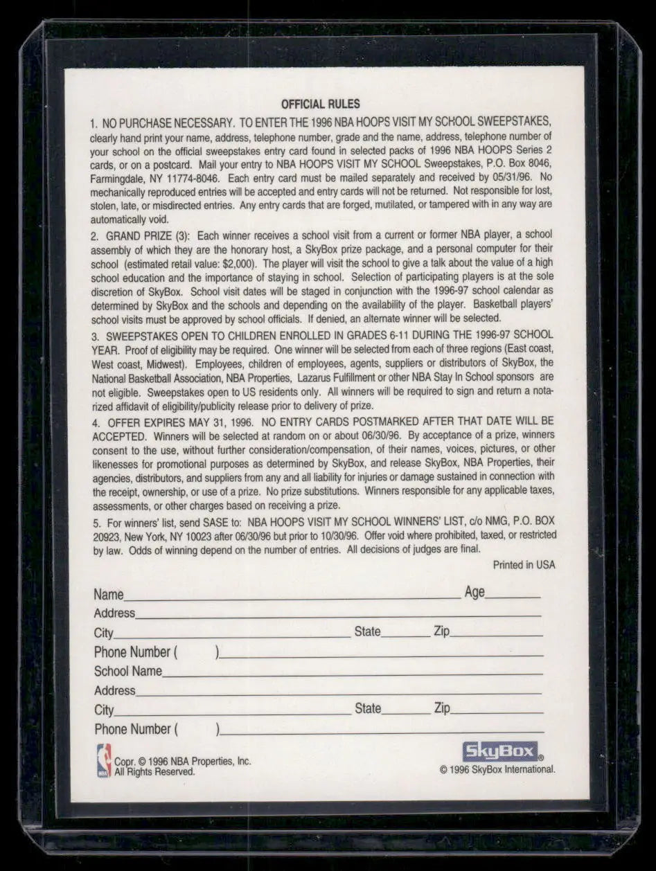 1996 SkyBox NBA Hoops Grant Hill Visit My School Sweepstakes Basketball - Basketball Card