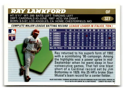 Original gloss 1996 Topps Ray Lankford baseball card featuring mint Cardinals ID 77356