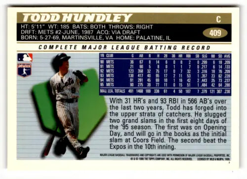 Todd Hundley 1996 Topps #409 baseball card for trading card collectors