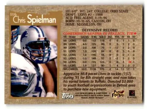 1996 Topps Chrome #116 Chris Spielman Buffalo Bills Football Card with original gloss