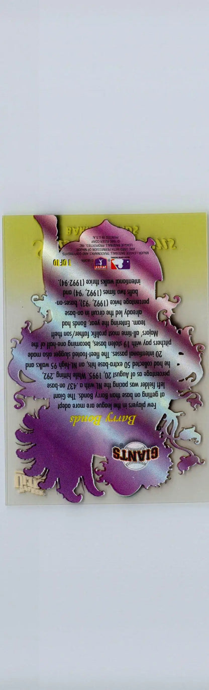 Collectible Barry Bonds season crowns card with purple ornate shape on yellow gold background