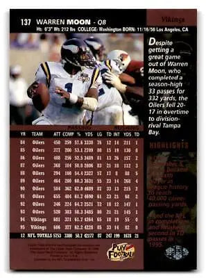 Warren Moon trading card from 1996 Upper Deck #137 showcasing NFL legend