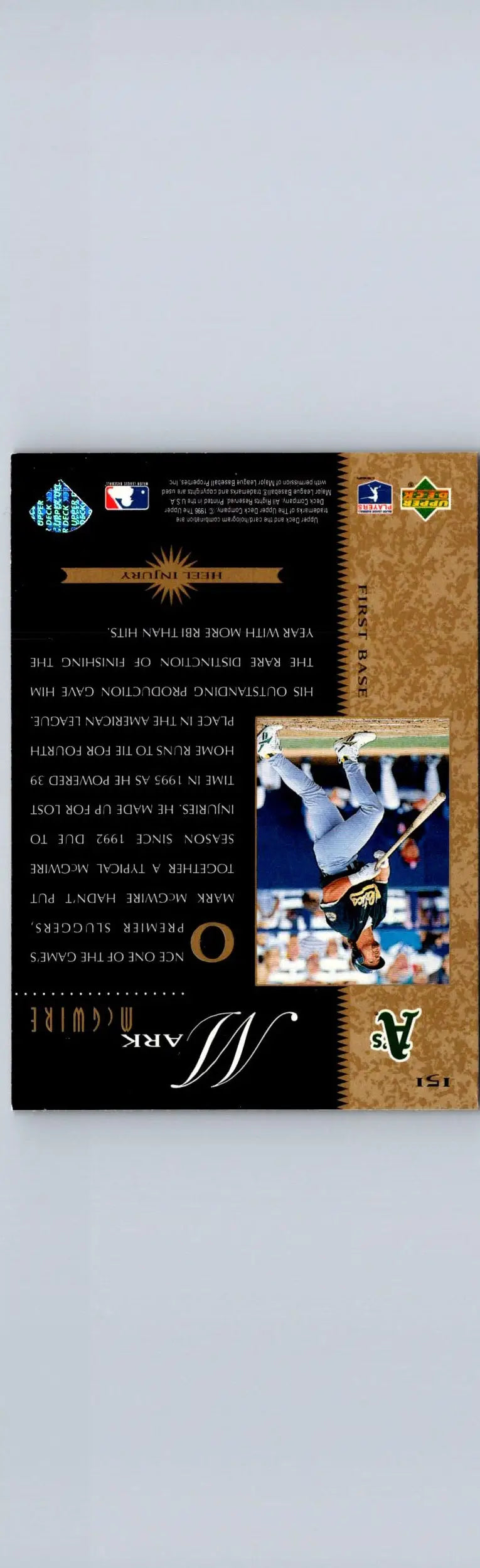 Baseball trading card featuring Mark McGwire in action from 1996 Upper Deck #151