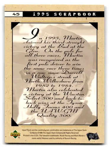 Original gloss 1995 scrapbook trading card featuring Mark Martin from Upper Deck