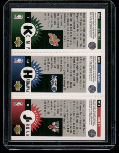 Collectible basketball trading cards in protective sleeve featuring 1996 Upper Deck NBA stars
