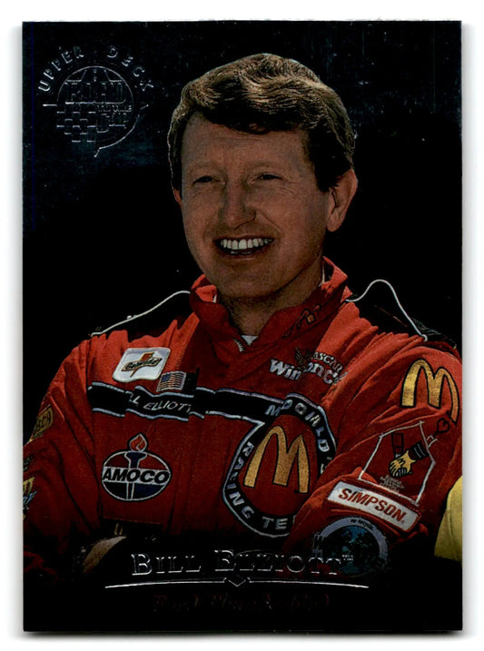 Smiling man in red racing suit from 1996 Upper Deck Racing Road to the Cup Bill Elliott #RC7a