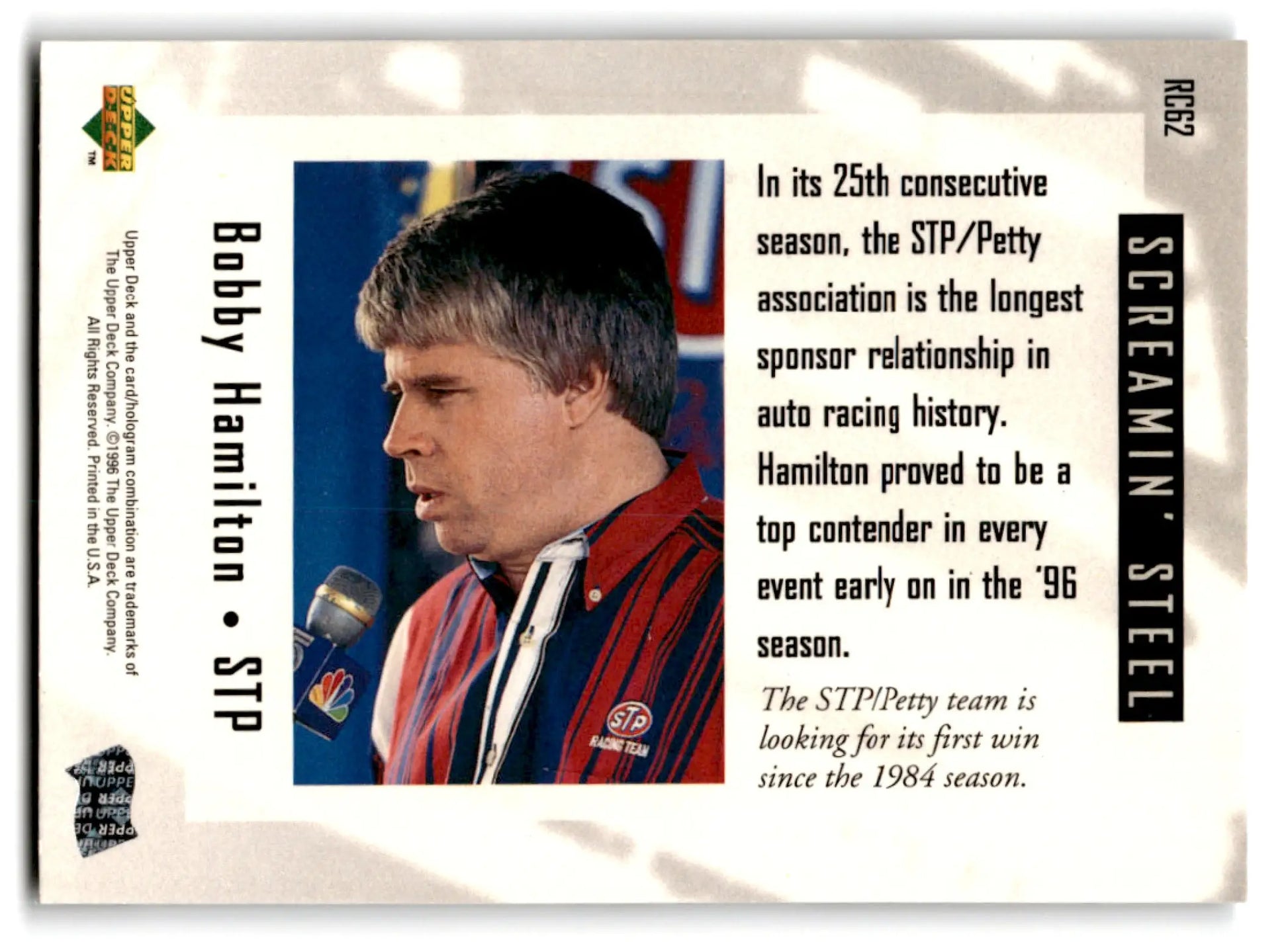 1996 Upper Deck Racing Road to the Cup Bobby Hamilton #RC62a - Trading Card