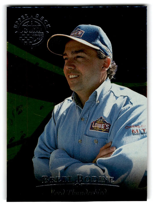 Trading card featuring Brett Bodine in blue work shirt from 1996 Upper Deck Racing Road to the Cup
