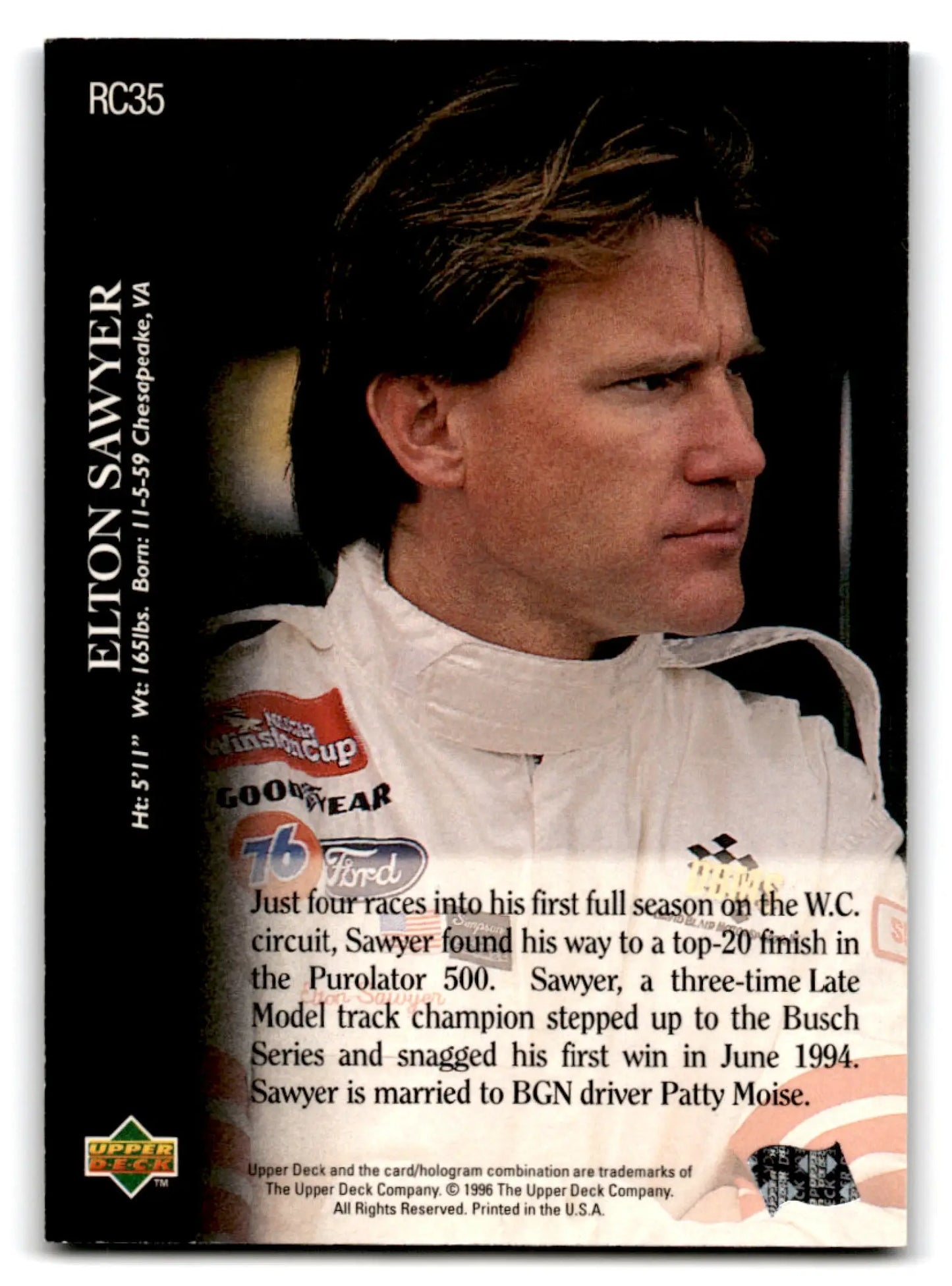 1996 Upper Deck Racing Road to the Cup Elton Sawyer #RC35a - Trading Card