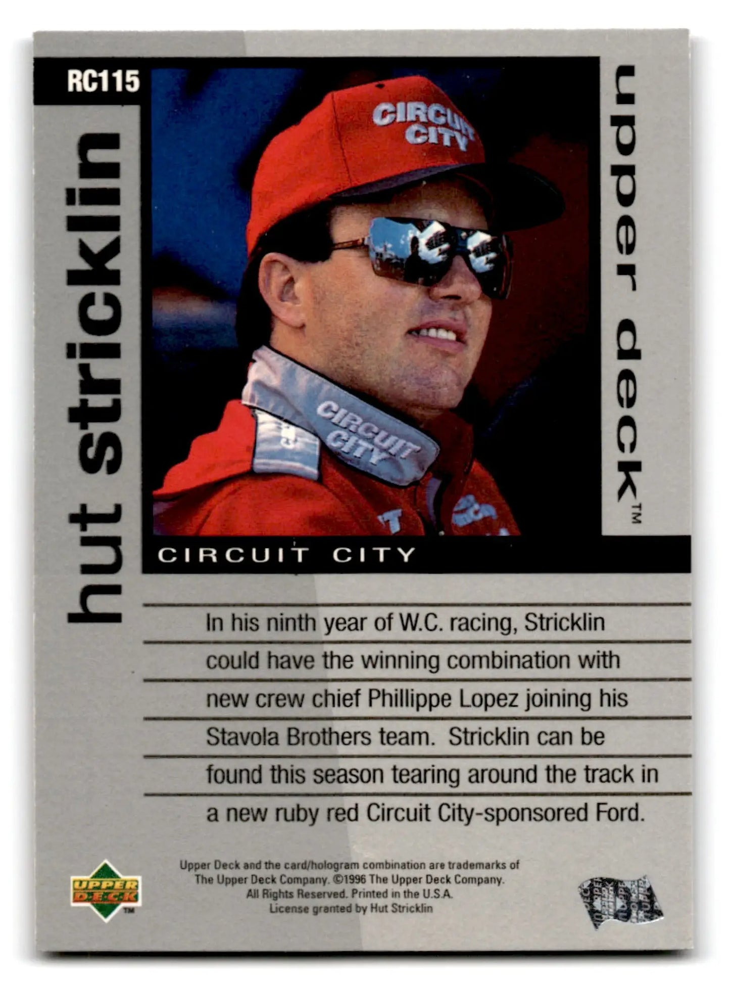 1996 Upper Deck Racing Road to the Cup Hut Stricklin #RC115a - Trading Card