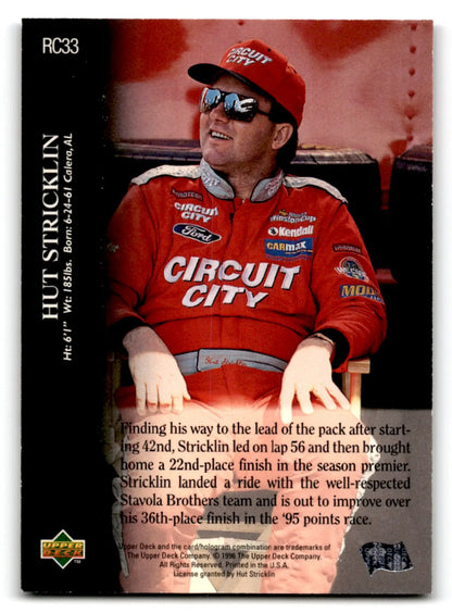 Collectible racing card featuring Hut Stricklin in red suit from 1996 Upper Deck Racing Road to the Cup