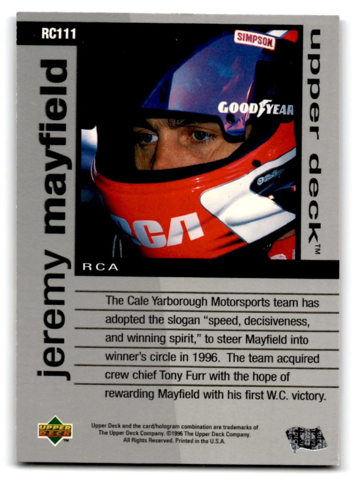 1996 Upper Deck Racing Road to the Cup Jeremy Mayfield #RC111a - Trading Card