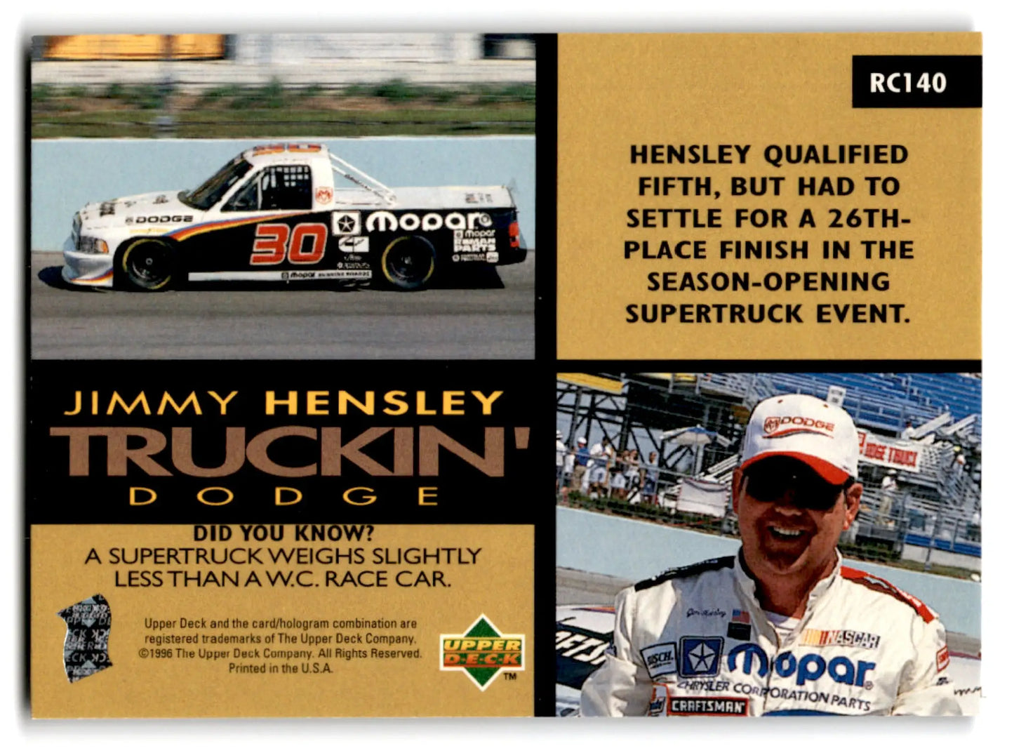 1996 Upper Deck Racing Road to the Cup Jimmy Hensley #RC140a - Trading Card