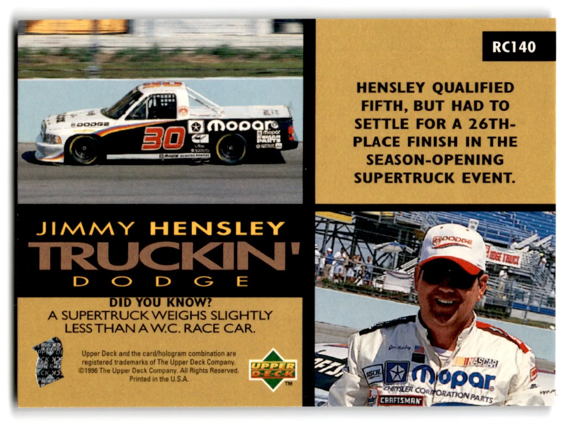 1996 Upper Deck Racing Road to the Cup Jimmy Hensley #RC140a - Trading Card