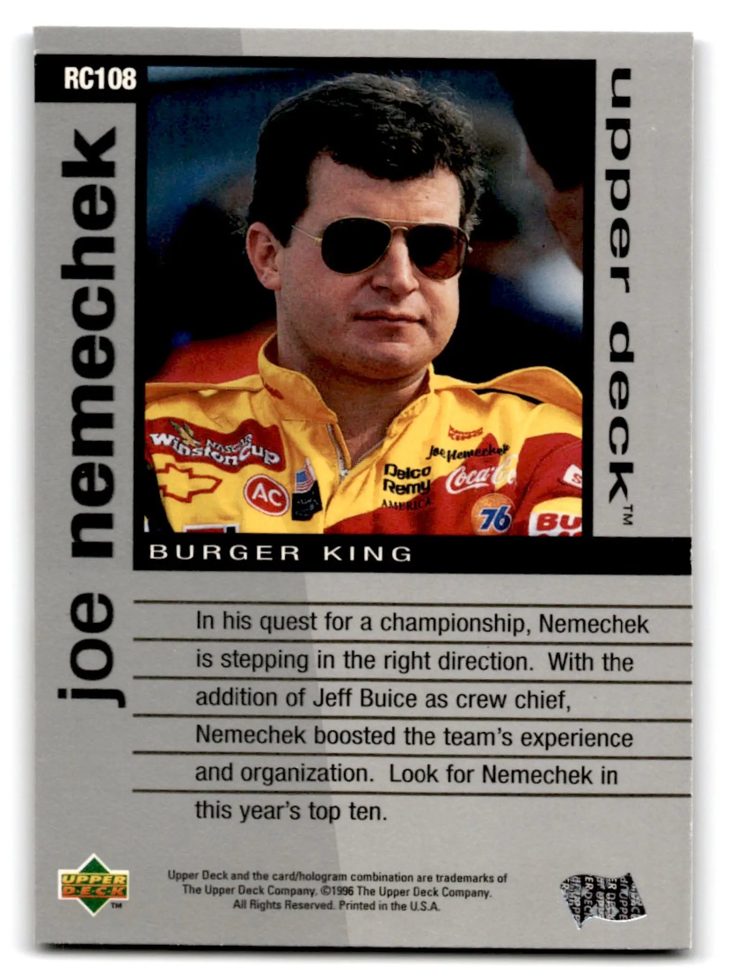 1996 Upper Deck Racing Road to the Cup Joe Nemechek #RC108 - Trading Card