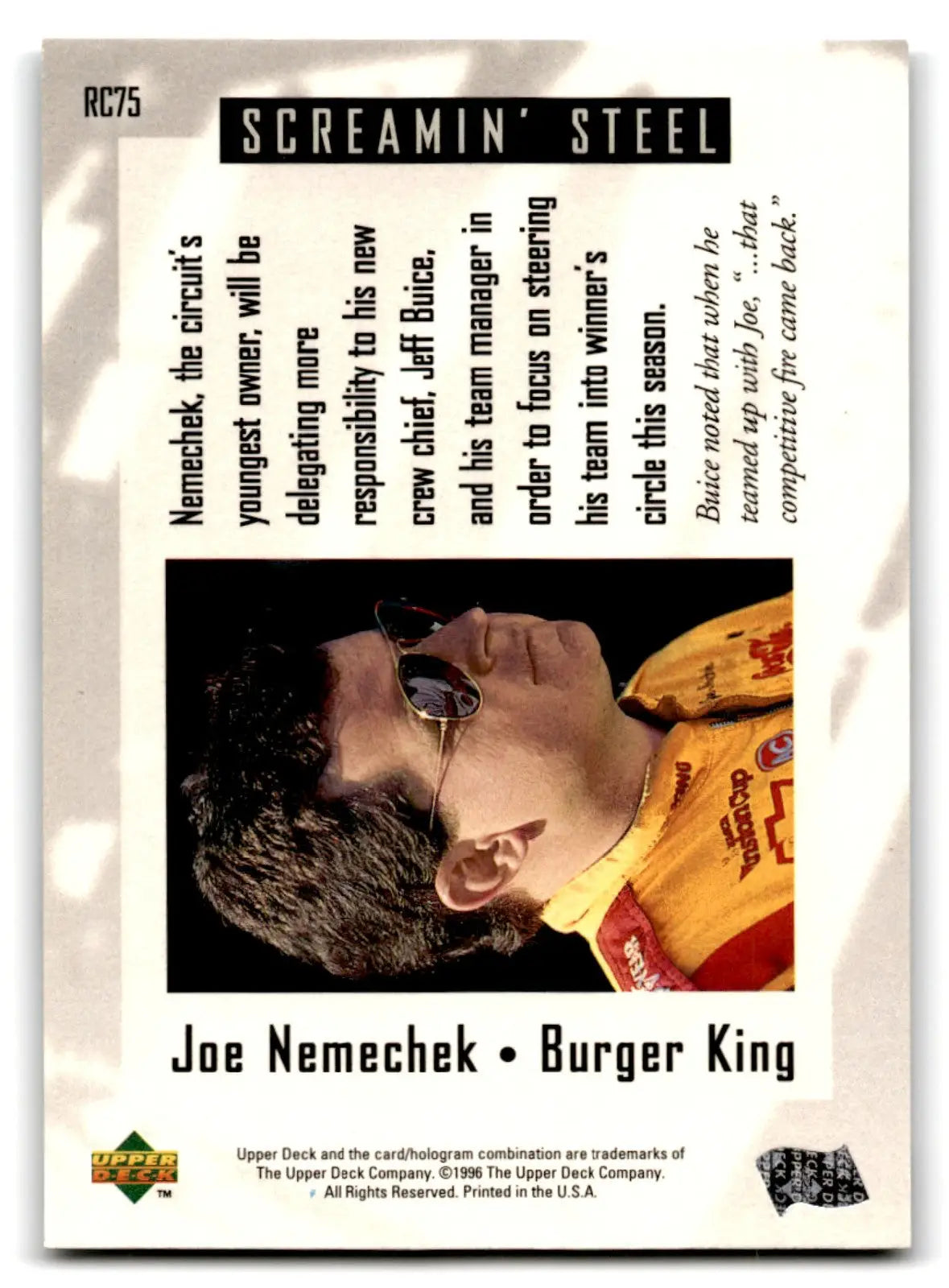 1996 Upper Deck Racing Road to the Cup Joe Nemechek #RC75a - Trading Card