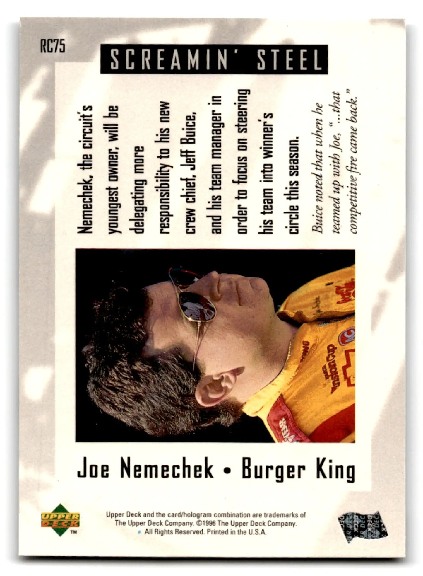 1996 Upper Deck Racing Road to the Cup Joe Nemechek #RC75a - Trading Card