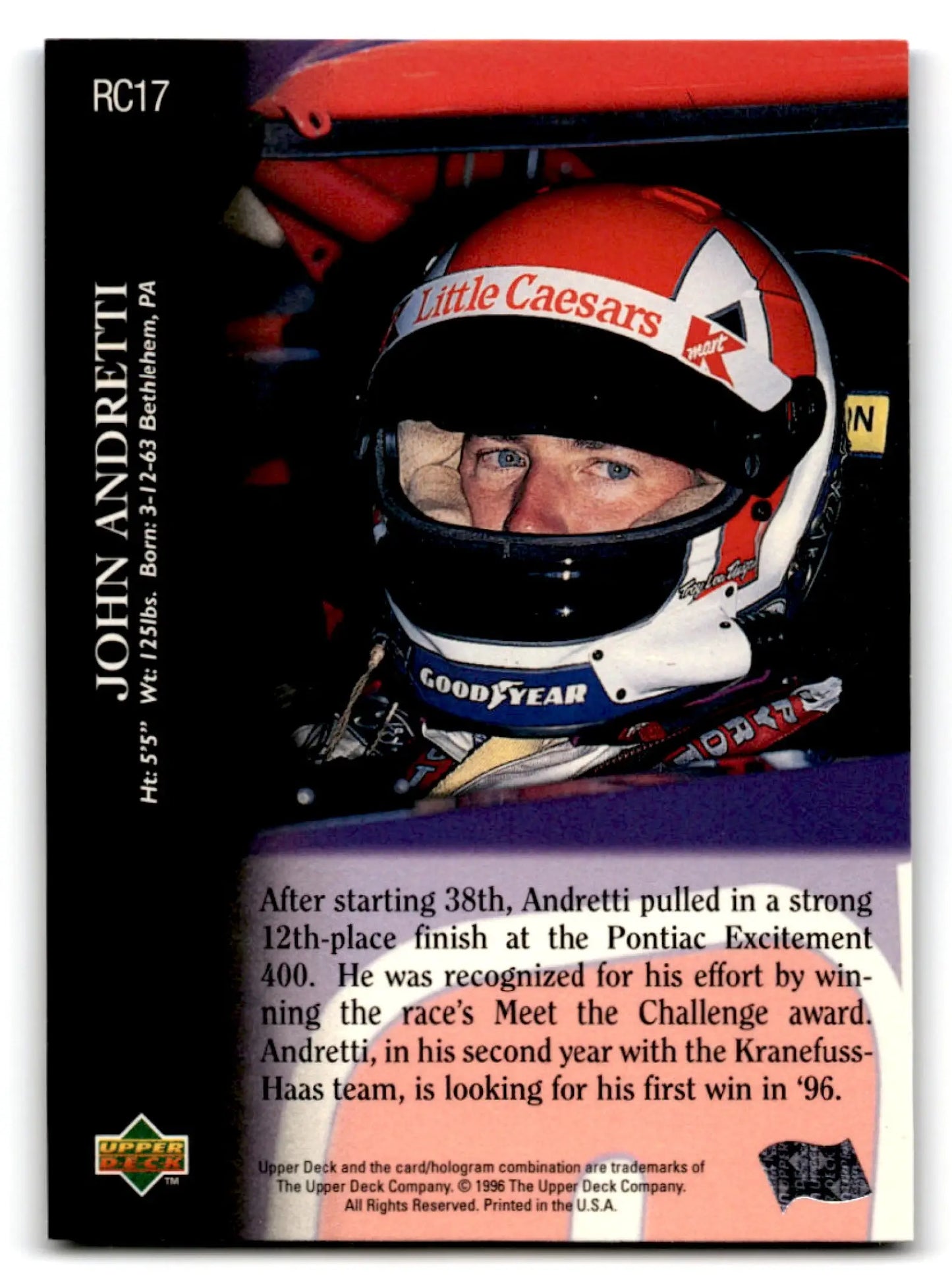 Vintage trading card of John Andretti in racing helmet from 1996 Upper Deck Racing Road to the Cup