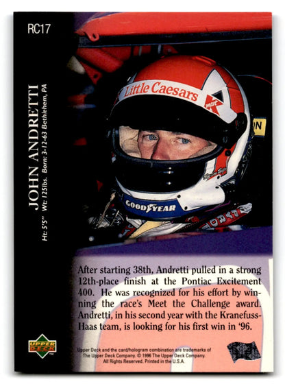 Vintage trading card of John Andretti in racing helmet from 1996 Upper Deck Racing Road to the Cup