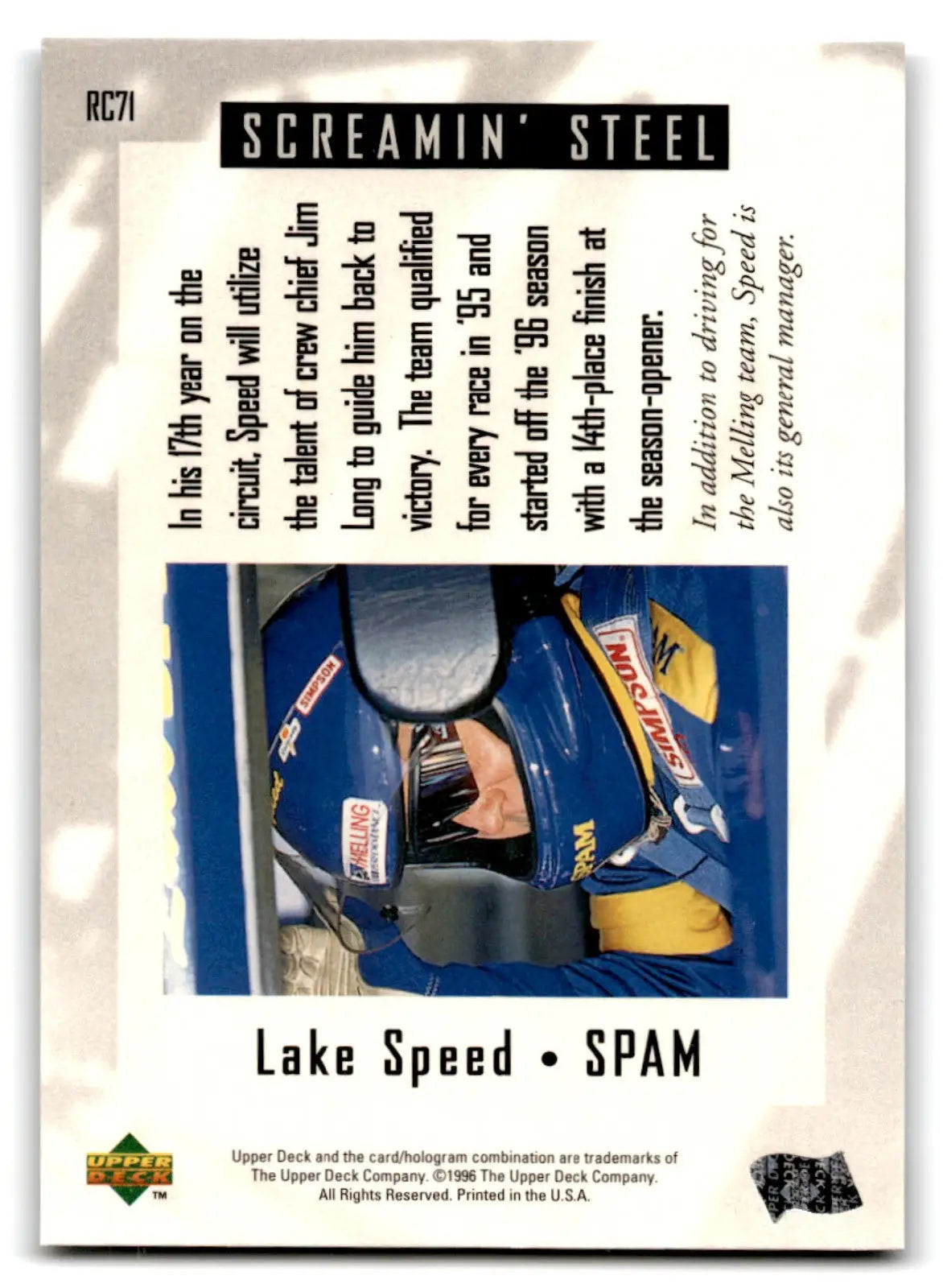 1996 Upper Deck Racing Road to the Cup Lake Speed #RC71a - Trading Card