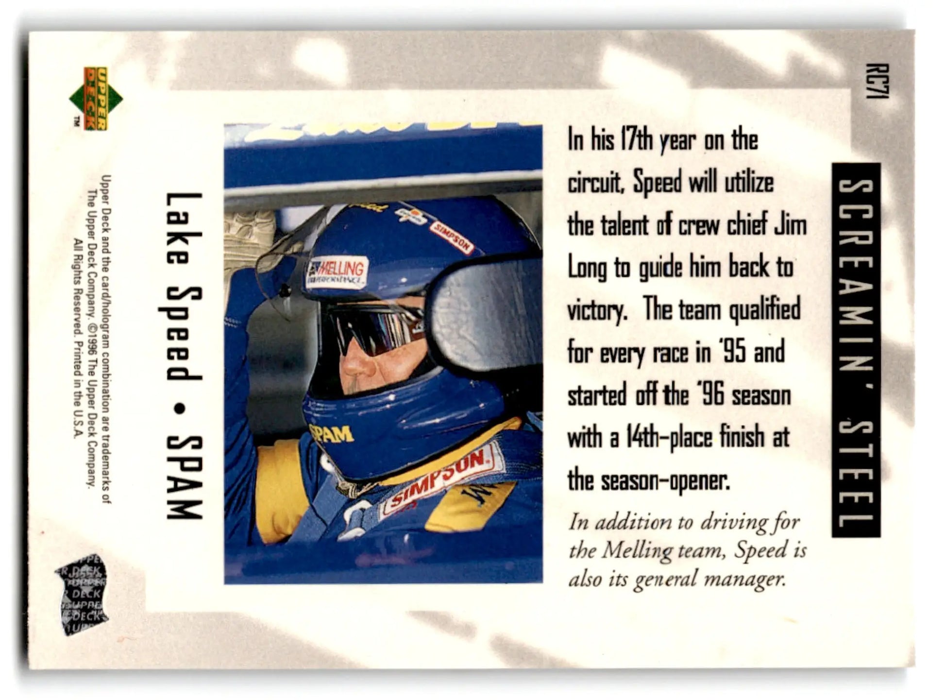 Vintage NASCAR trading card of Lake Speed from 1996 Upper Deck Racing Road to the Cup