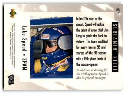 Vintage NASCAR trading card of Lake Speed from 1996 Upper Deck Racing Road to the Cup