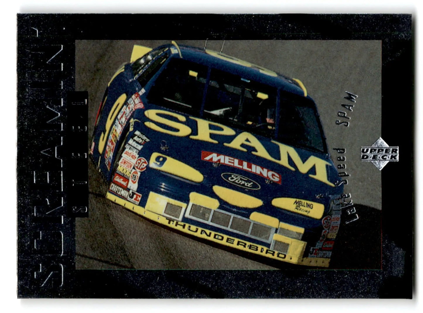 NASCAR racing card featuring a blue and yellow stock car with SPAM sponsor from Upper Deck Racing Road to the Cup Lake Speed