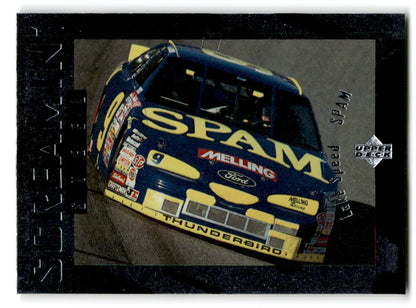 NASCAR racing card featuring a blue and yellow stock car with SPAM sponsor from Upper Deck Racing Road to the Cup Lake Speed