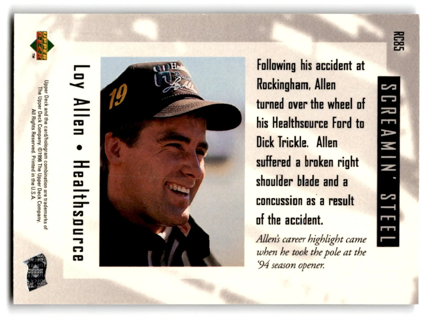1996 Upper Deck Racing Road to the Cup Loy Allen #RC85a - Trading Card