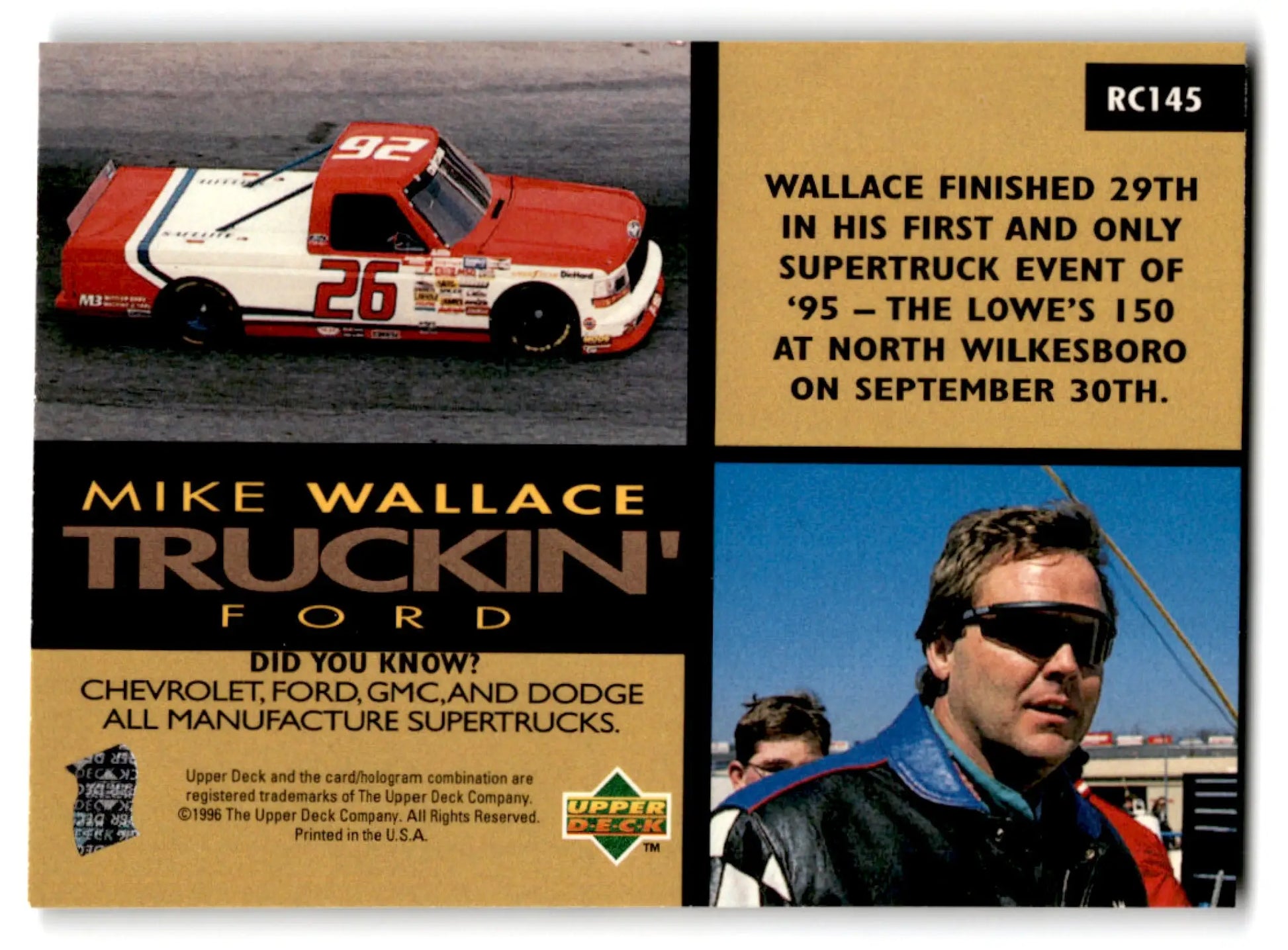 1996 Upper Deck Racing Road to the Cup Mike Wallace #RC145a - Trading Card