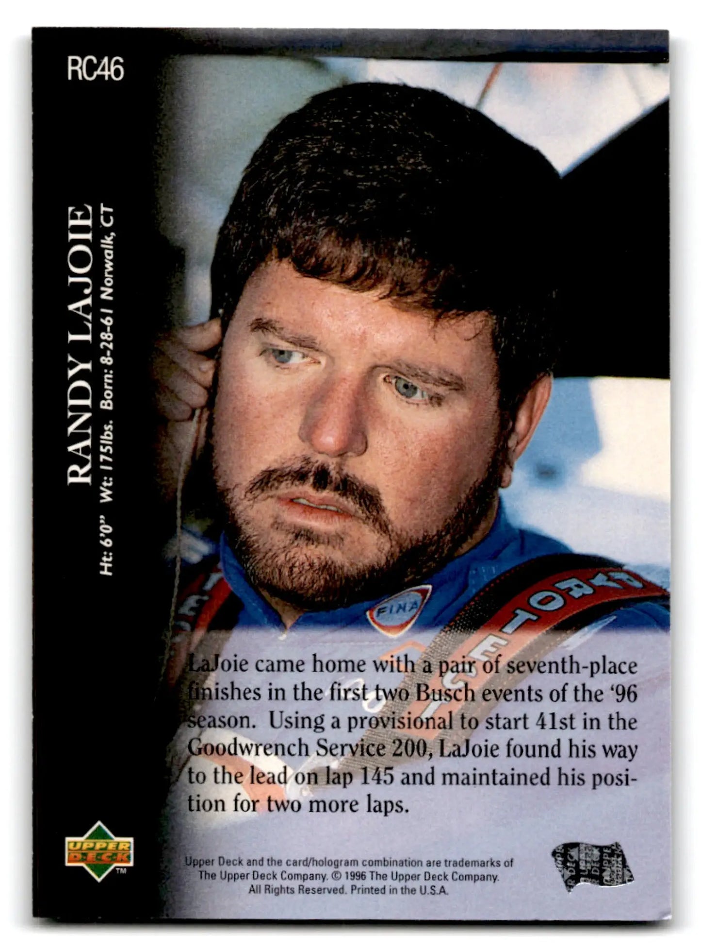 1996 Upper Deck Racing Road to the Cup Randy LaJoie #RC46a - Trading Card