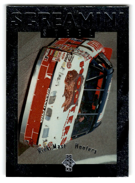 White and red NASCAR racing car with sponsor decals from 1996 Upper Deck Racing Road to the Cup Rick Mast #RC69a