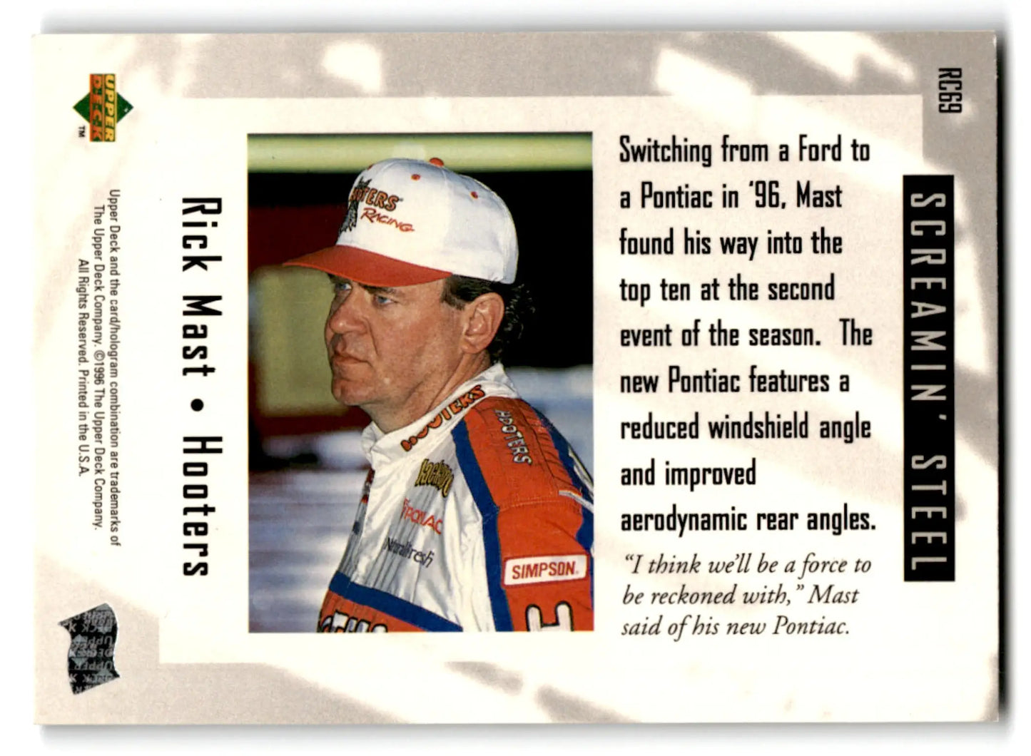 Trading card featuring male racecar driver Rick Mast from 1996 Upper Deck Racing Road to the Cup