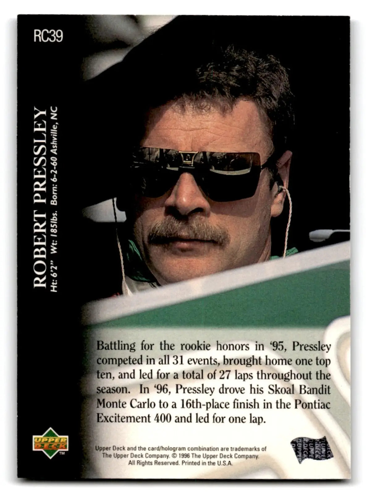 1996 Upper Deck Racing Road to the Cup Robert Pressley #RC39a - Trading Card