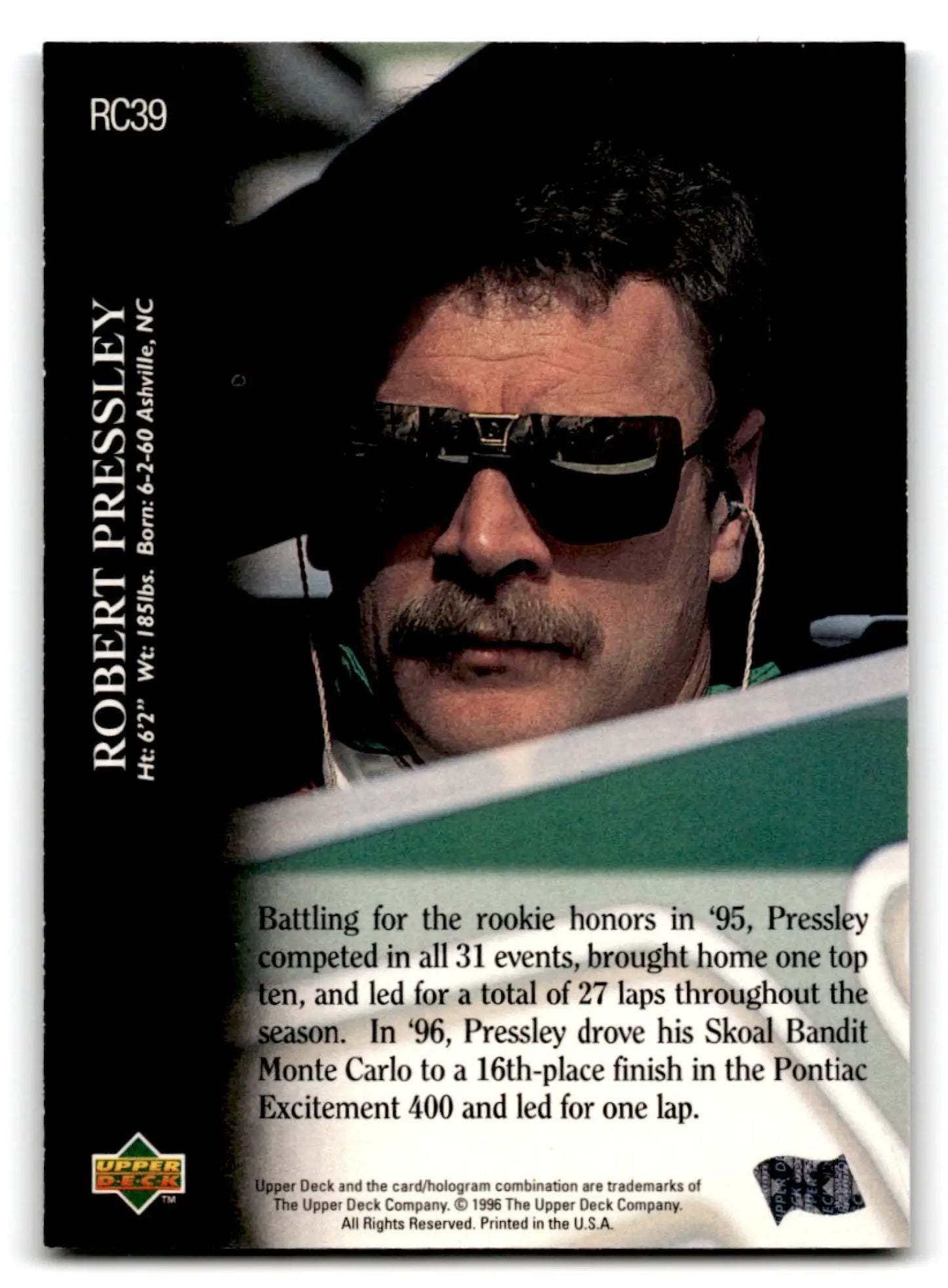 1996 Upper Deck Racing Road to the Cup Robert Pressley #RC39a - Trading Card