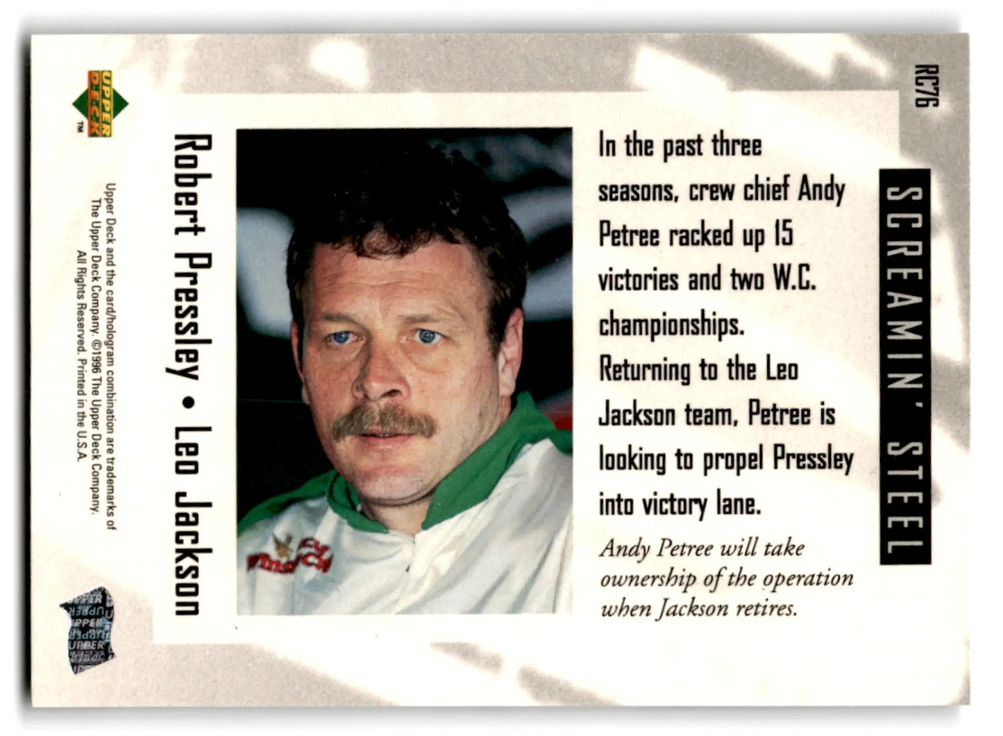 1996 Upper Deck Racing Road to the Cup Robert Pressley #RC76a - Trading Card