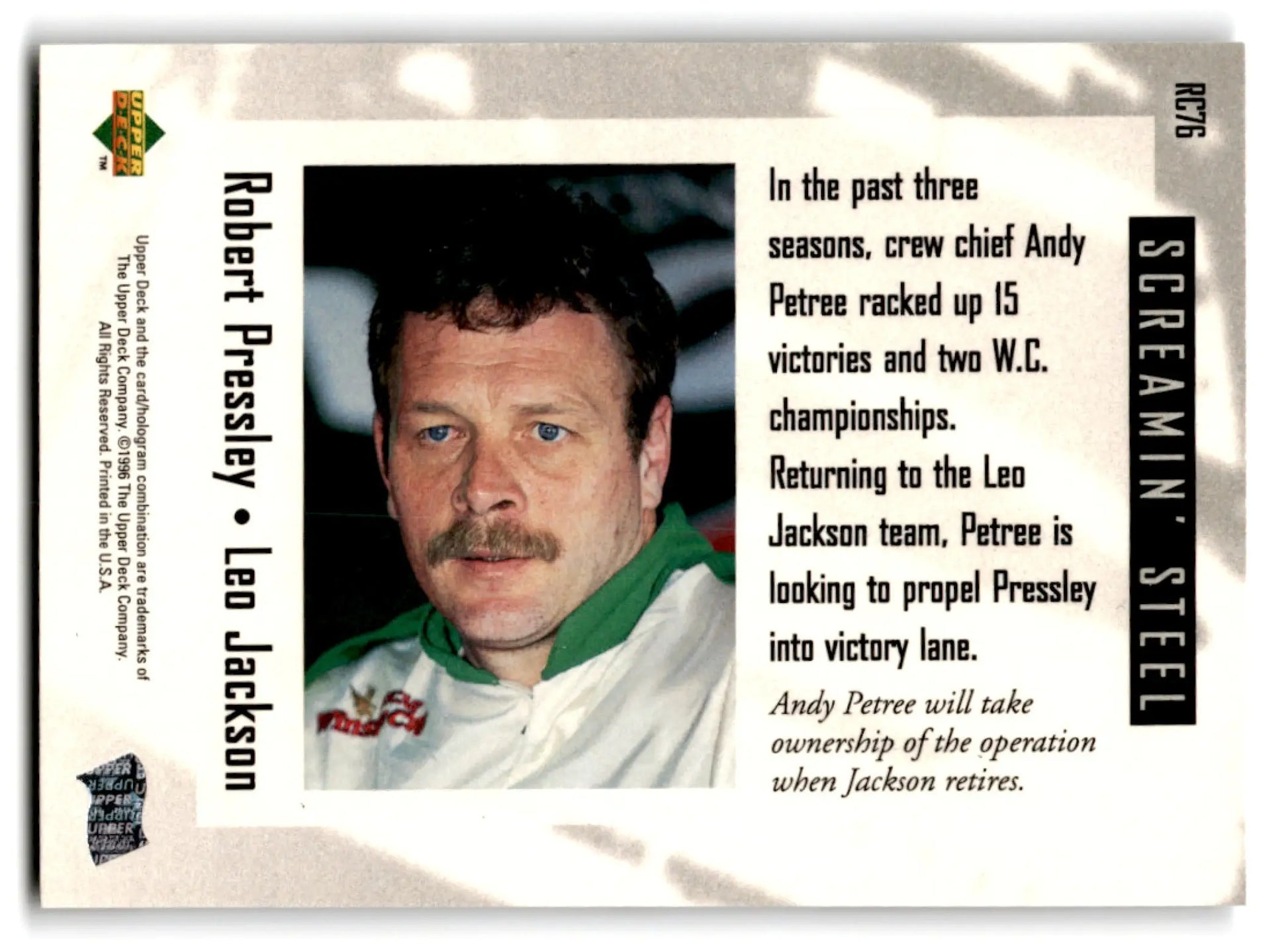 1996 Upper Deck Racing Road to the Cup Robert Pressley #RC76a - Trading Card