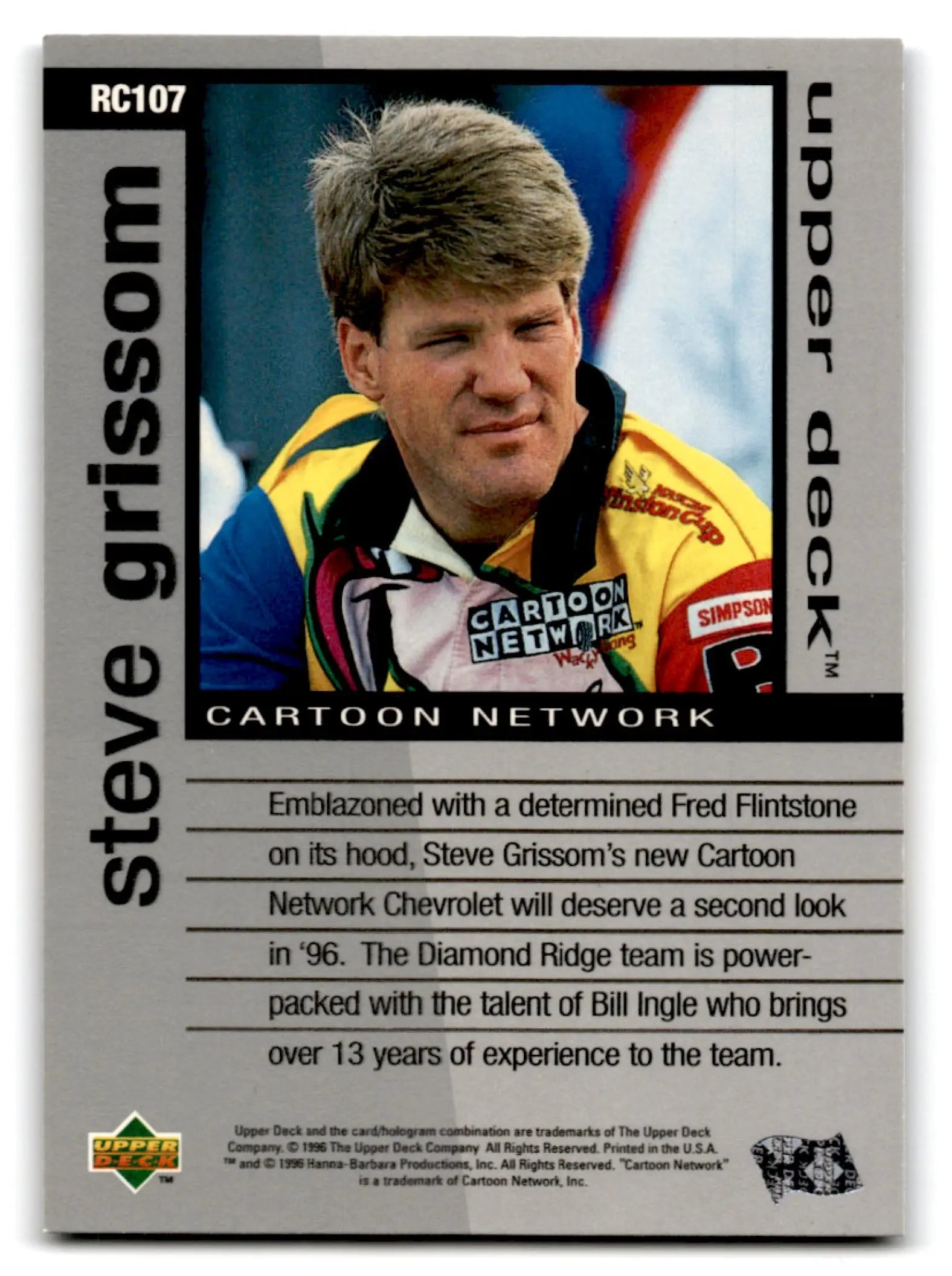 Vintage NASCAR trading card of Steve Grissom in Cartoon Network suit from 1996 Upper Deck Racing Road to the Cup