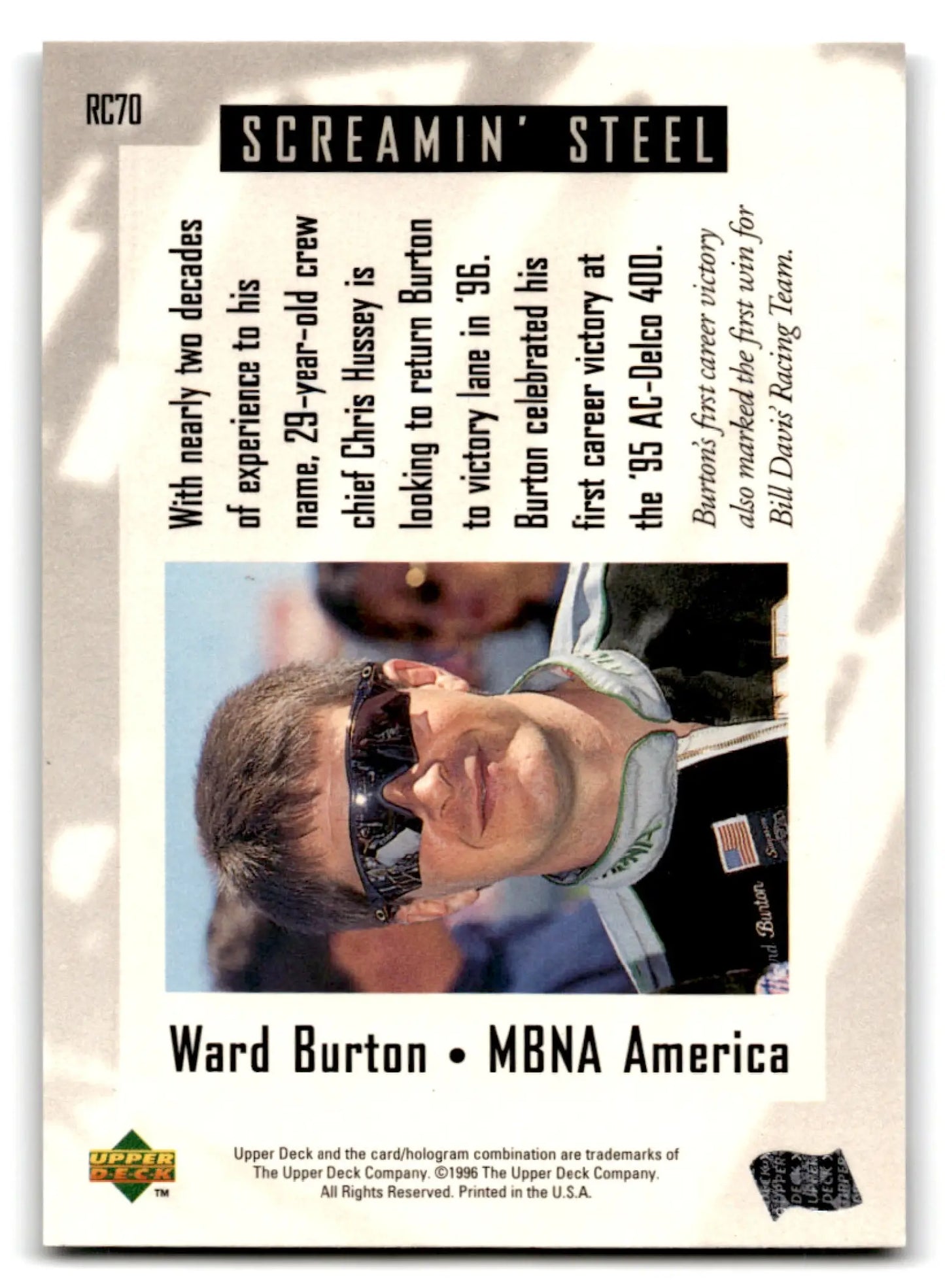 1996 Upper Deck Racing Road to the Cup Ward Burton #RC70a - Trading Card