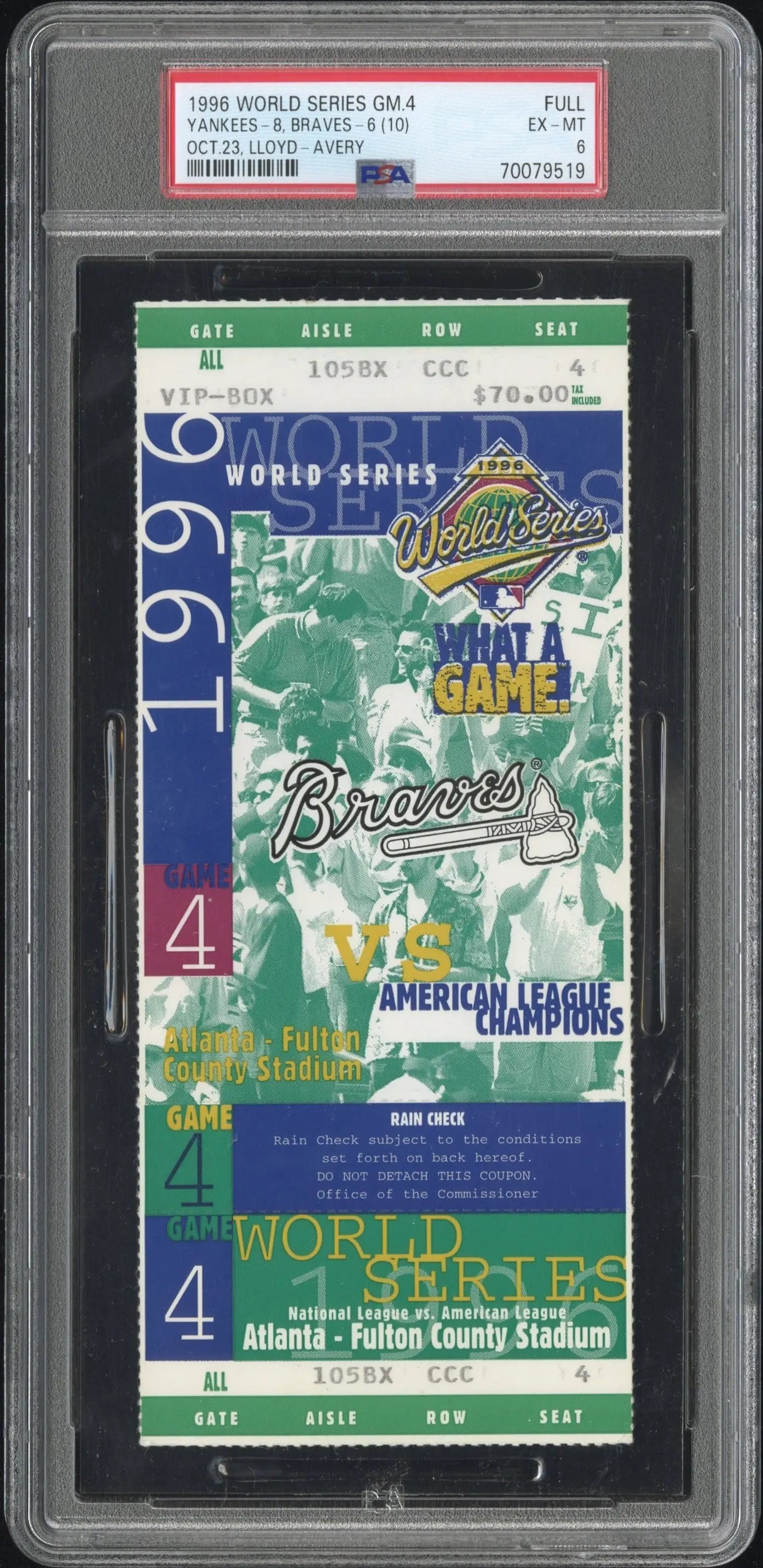 1996 World Series Game 4 ticket stub in PSA 6 holder from Atlanta-Fulton County Stadium