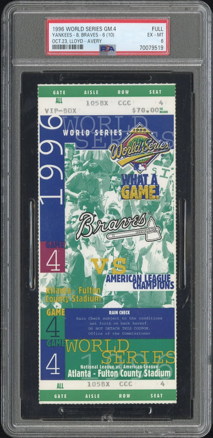 1996 World Series Game 4 ticket stub in PSA 6 holder from Atlanta-Fulton County Stadium