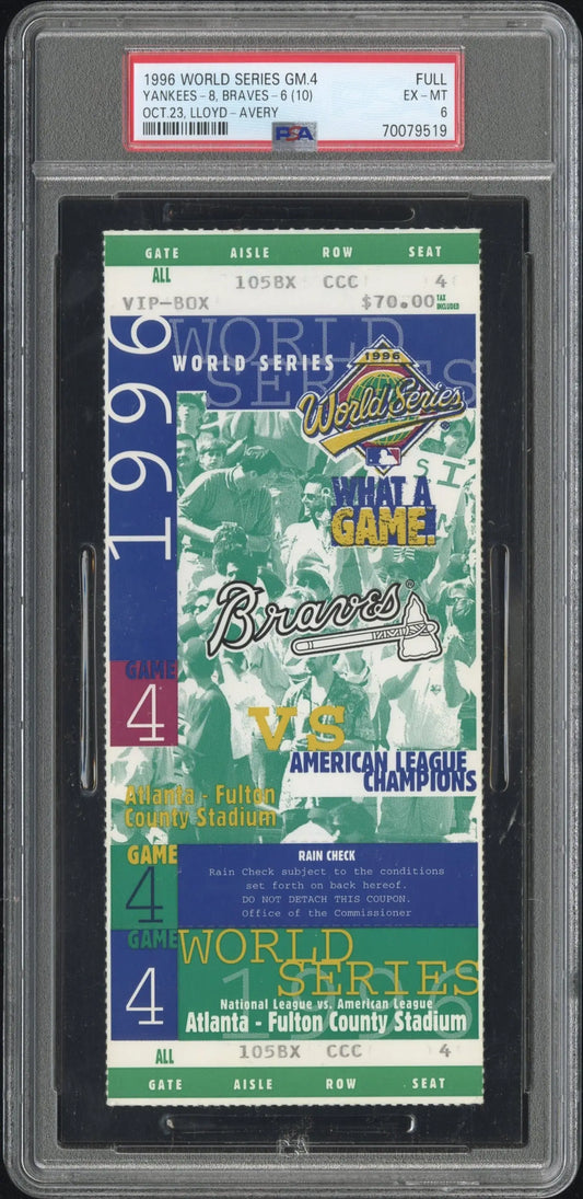 1996 World Series Game 4 ticket stub in PSA 6 holder from Atlanta-Fulton County Stadium