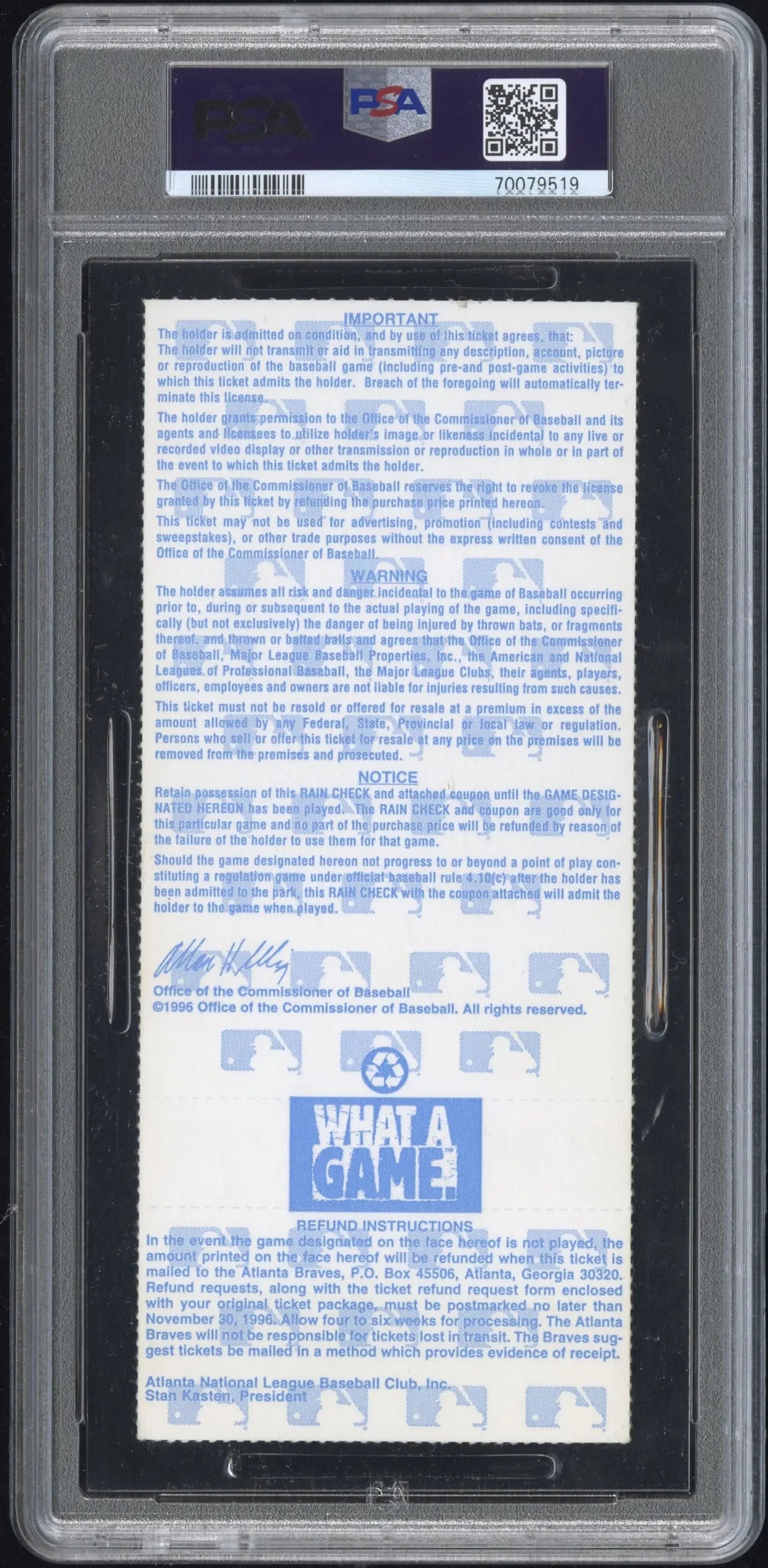 PSA-graded 1996 World Series Game 4 full ticket in protective holder with blue text