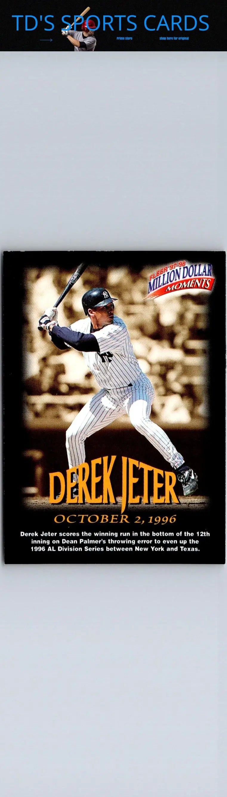 Derek Jeter 1997-98 Fleer Million Dollar Moments baseball card front view
