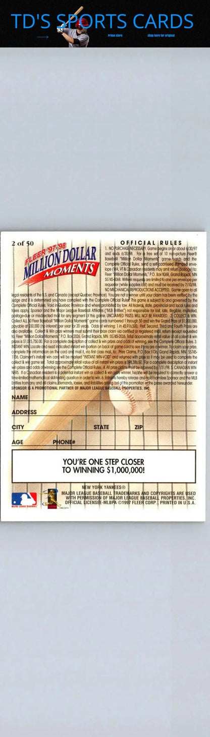 Baseball card back from Fleer Million Dollar Moments featuring Derek Jeter 1997-98