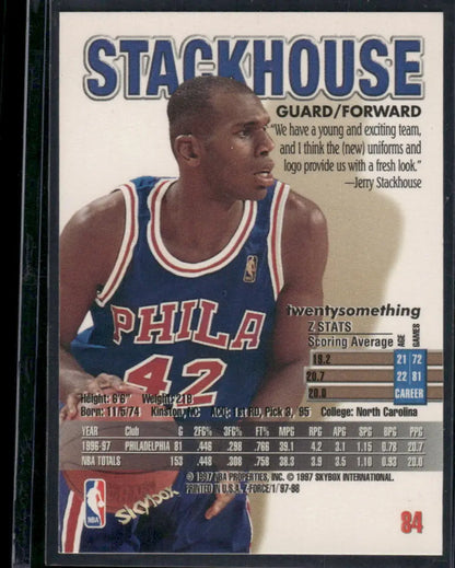 Basketball trading card featuring Jerry Stackhouse in Philadelphia 76ers jersey from 1997-98 SkyBox Z-Force