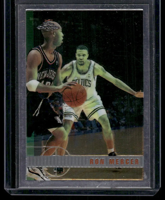 Basketball card of Ron Mercer from 1997-98 Topps Chrome Ron set featuring chrome ron mercer style