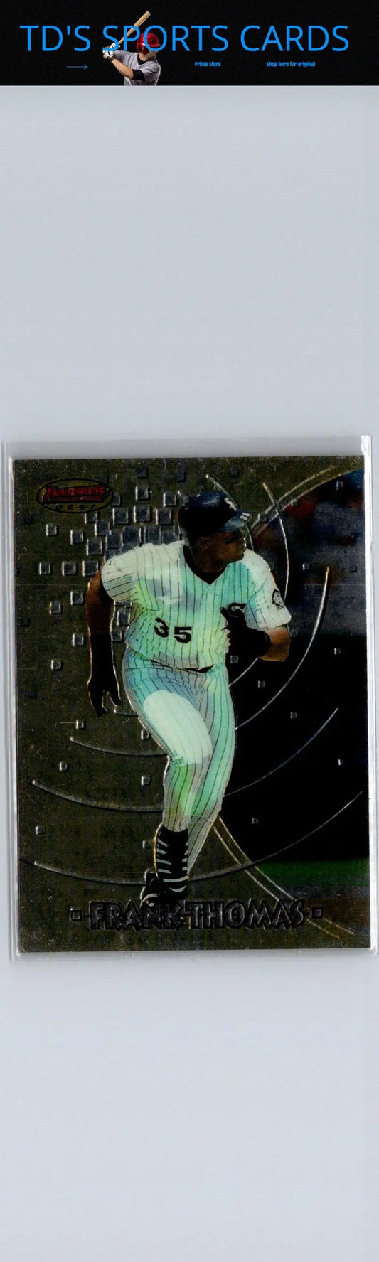 Frank Thomas 1997 Bowman Best Preview trading card featuring player in white uniform number 35